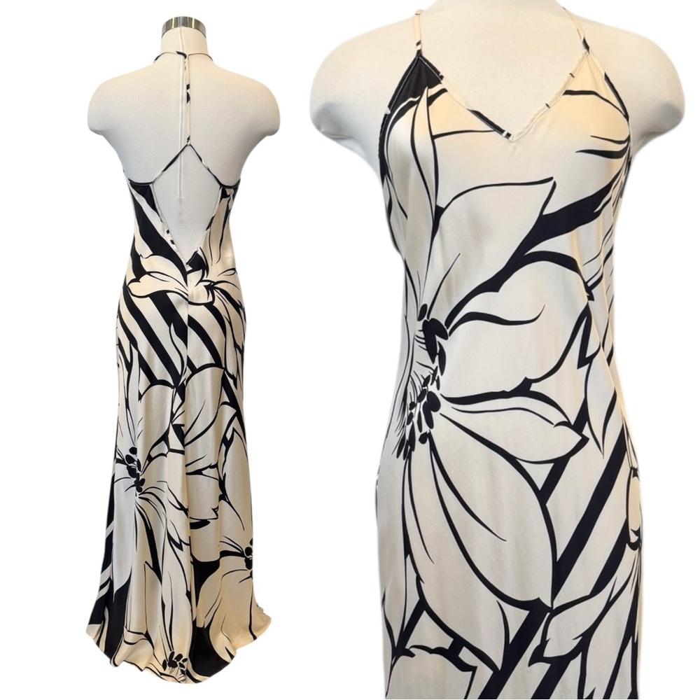 2001 Victoria’s Secret Silk Ivory Black Bold Floral Vintage Maxi Gown Slip Dress